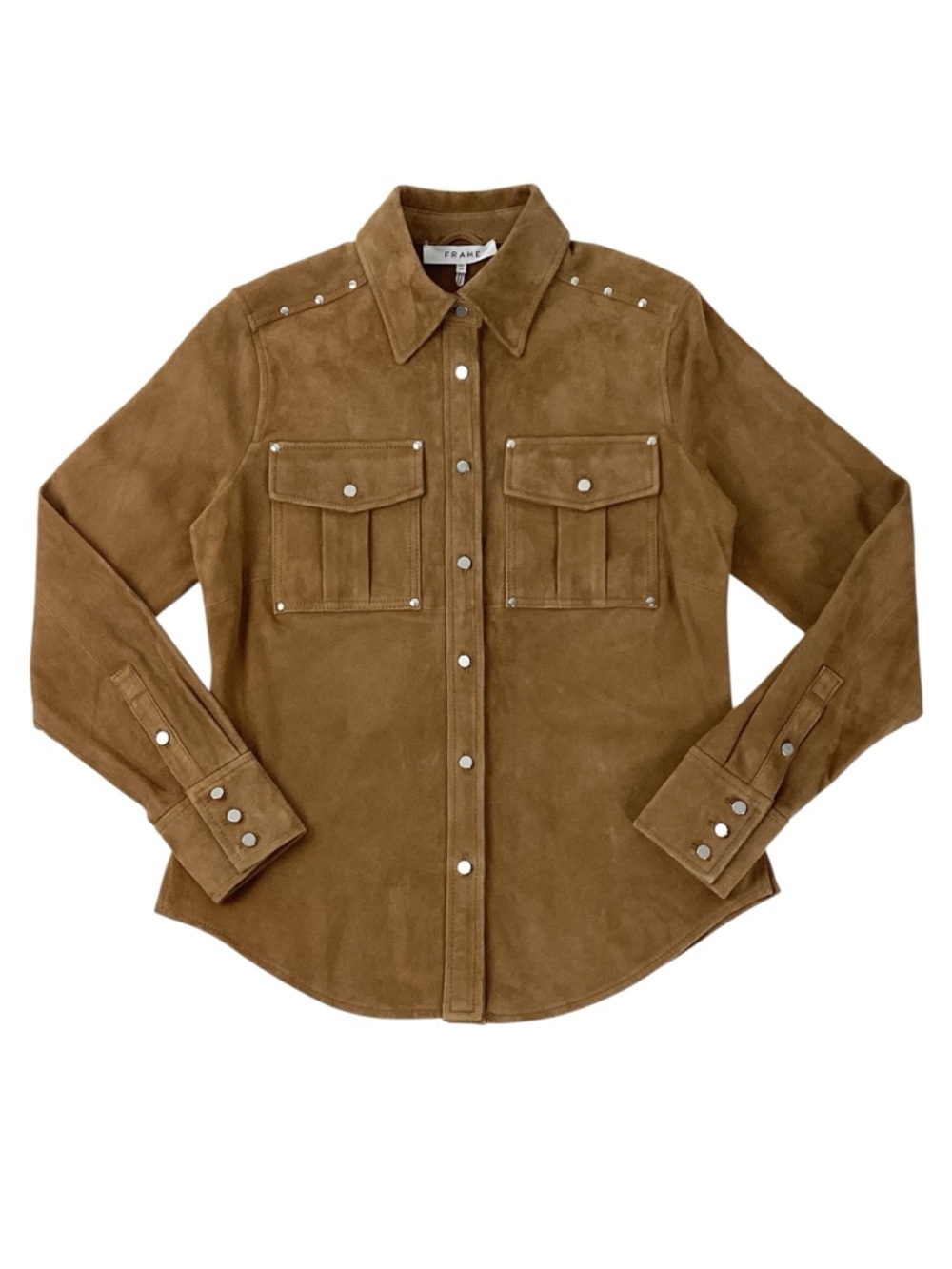 FRAME Studded Suede Utility Jacket XS Brown Leather Button Front Western